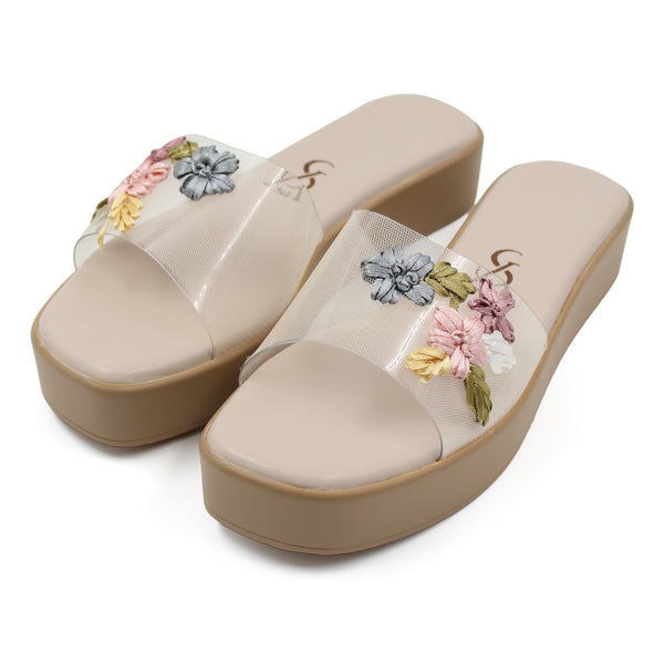 FLORAL EMBROIDERED VINYL WEDGES