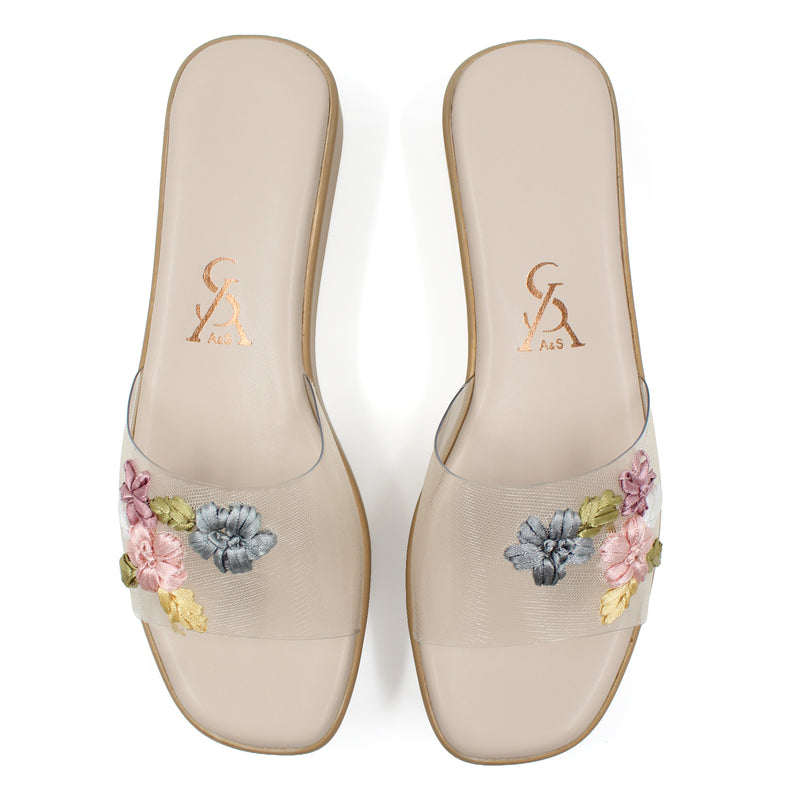 FLORAL EMBROIDERED VINYL WEDGES