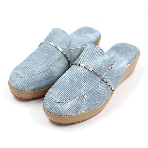 Chain detail denim mules