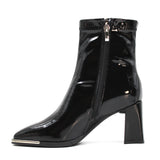 Metallic toe patent leather boots