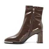 Metallic toe patent leather boots