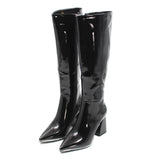 Patent Leather Block Heel Long Boots