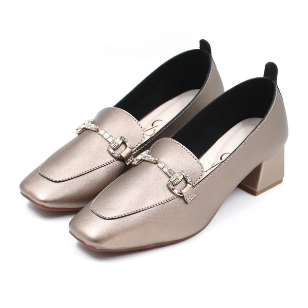 Metallic finish buckle detail loafers