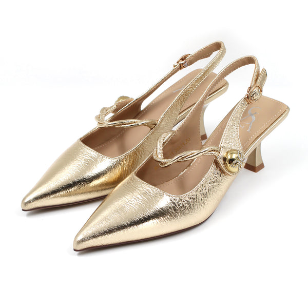 Metallic textured pointed toe slingback heels