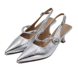 Metallic textured pointed toe slingback heels