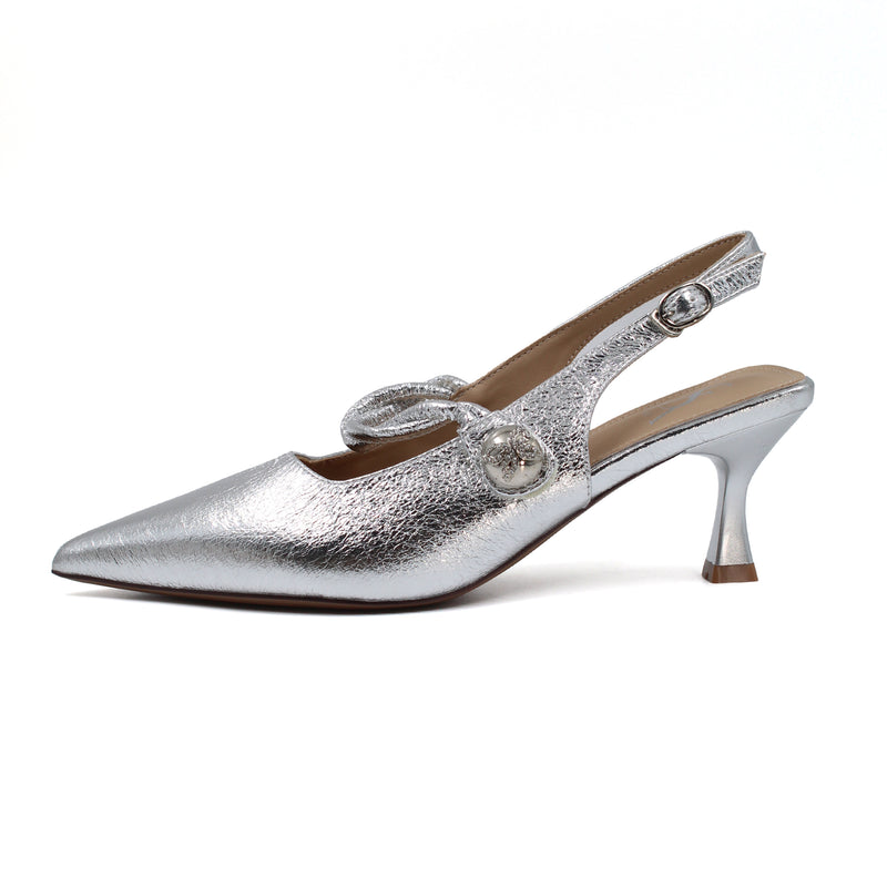 Metallic textured pointed toe slingback heels