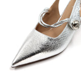 Metallic textured pointed toe slingback heels