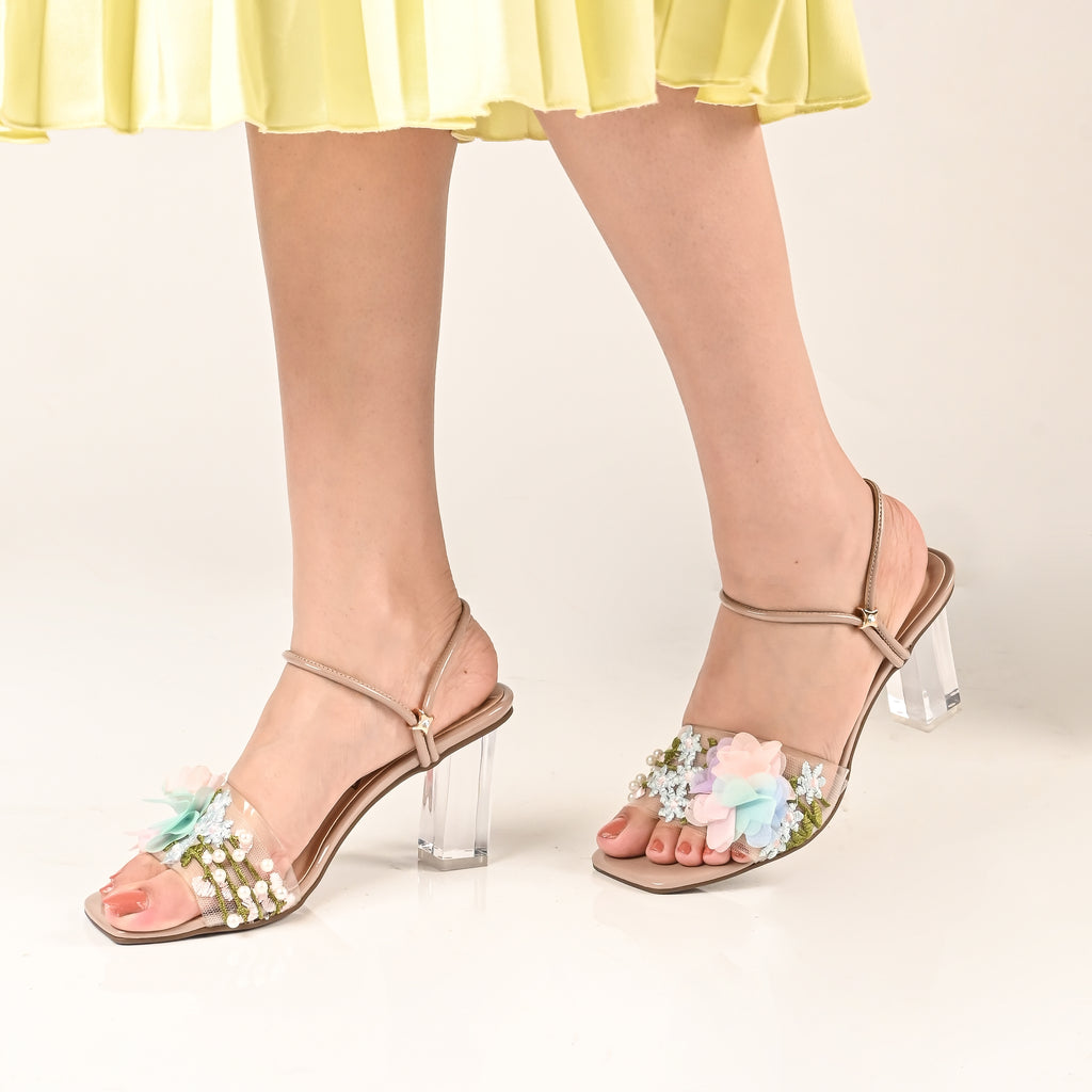 Women's Crystal Block Heeled Sandals Casual Slip Transparent - Temu