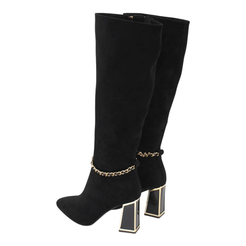 Golden Chain Detail Suede Long Boots