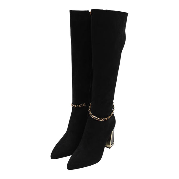 Golden Chain Detail Suede Long Boots