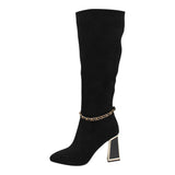 Golden Chain Detail Suede Long Boots