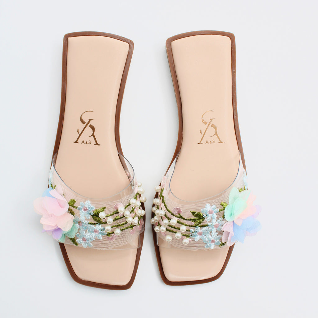 PASTEL MULTI FLOWER WEDGE MULES – A&S